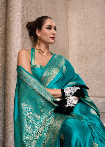 Teal Satin Mungha Silk Saree with Intricate ethinic Motifs - Elegance Redefined