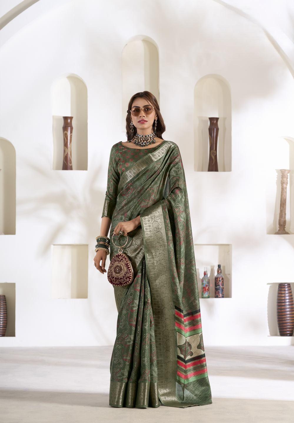 Dark green Soft Dola Silk saree - indosilk