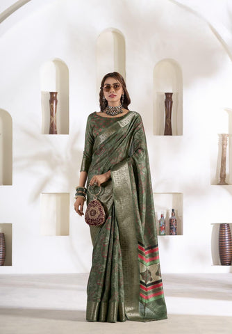 Dark green Soft Dola Silk saree - indosilk