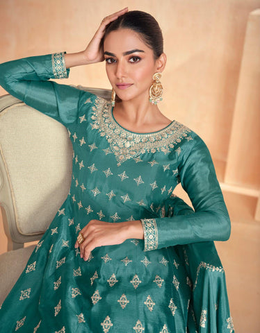 Premium Chinnon Silk Suit with Plazzo and Dupatta | Free Size Stitch