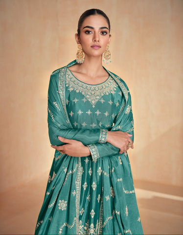 Premium Chinnon Silk Suit with Plazzo and Dupatta | Free Size Stitch