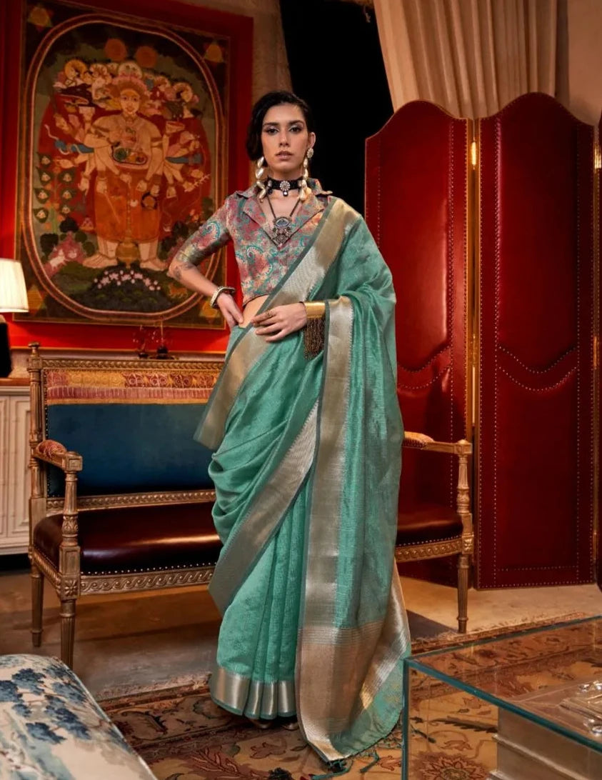 Teal Handwoven Moss Chiffon With Heavy Jacquard Blouse Saree