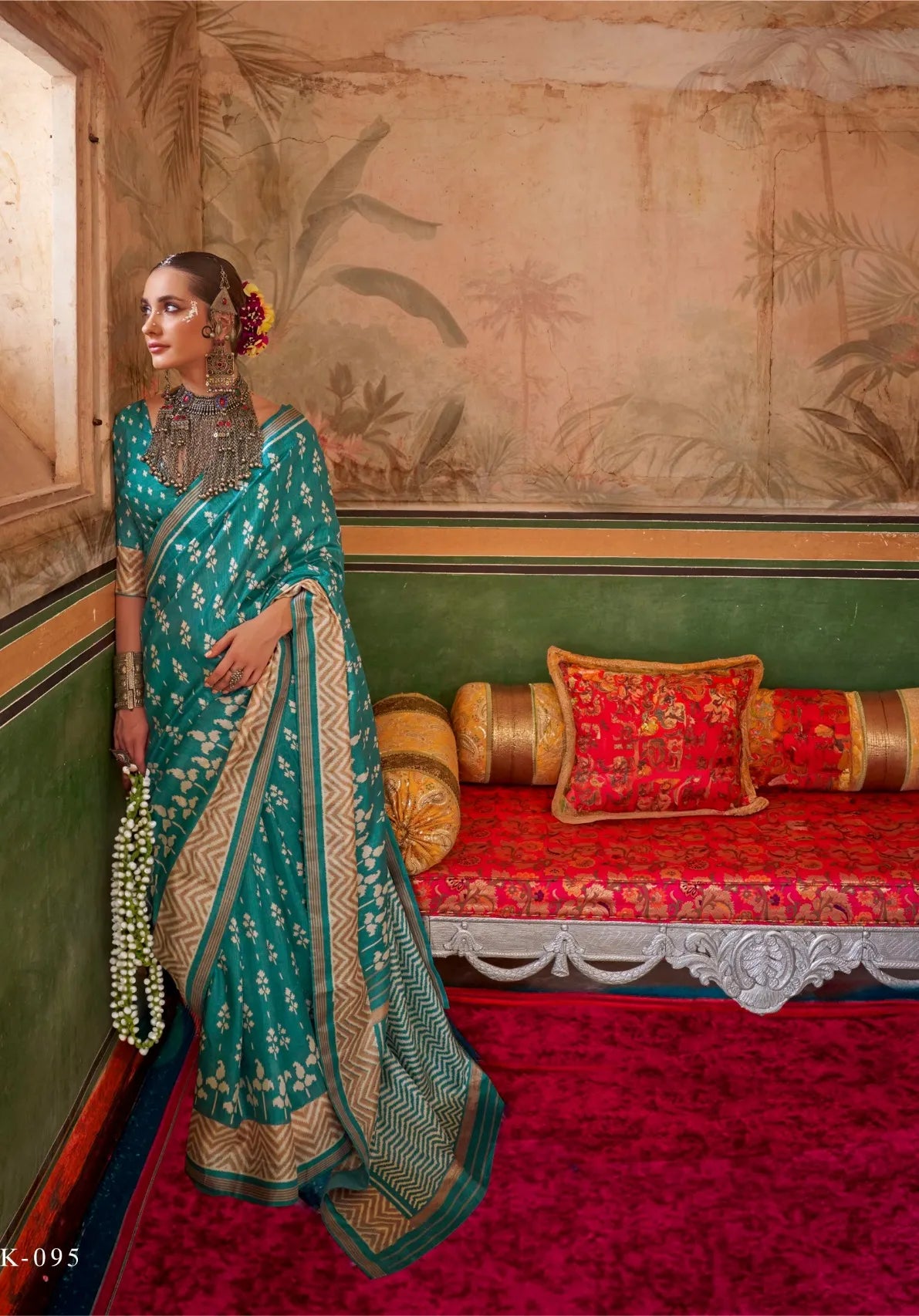 Teal Silk Saree with Delicate White Floral and Geometric Patterns - Perfect for Festive Occasions