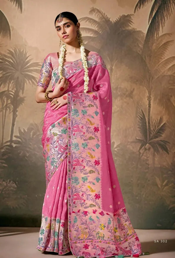 Pink Silk Saree with Zari Floral Work for Party, Festival & Ceremonial Wear