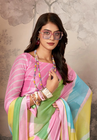 Soft Pink Chiffon Zari Saree with Pastel Stripes – Elegant & Lightweight