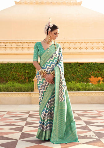 Designer celedon green digital print saree - indosilk