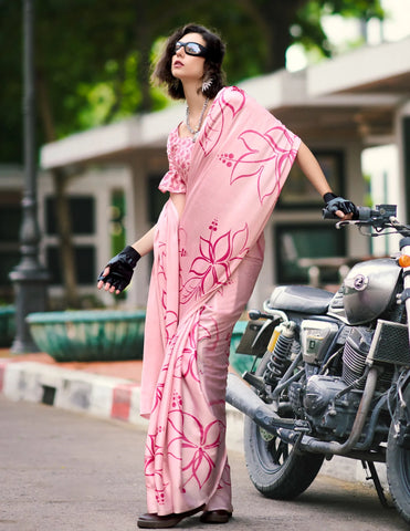 Pink color Japan Satin Digital Printed Saree