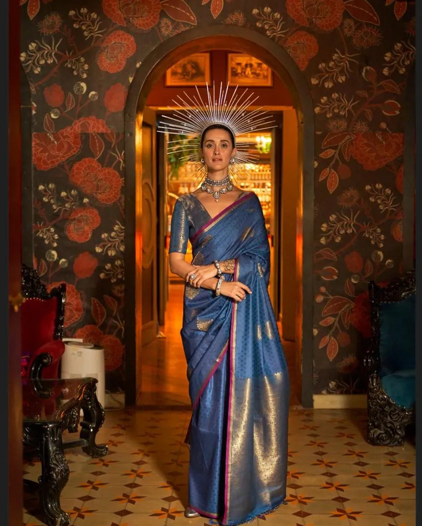 Blue Kaakshi Handwoven Silk Saree With  Brocade Blouse