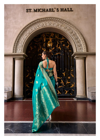 Teal Satin Mungha Silk Saree with Intricate ethinic Motifs - Elegance Redefined