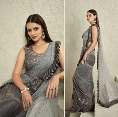 Classic Grey Ruffled Saree with Sequin Embroidery and Designer Blouse – Shop Now