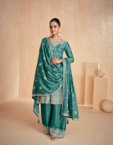 Premium Chinnon Silk Suit with Plazzo and Dupatta | Free Size Stitch