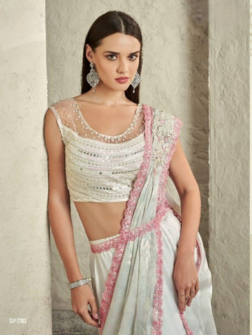 White Lehenga Saree with Sequin Embellishments and Designer Blouse – Ideal for Weddings and Festive Events