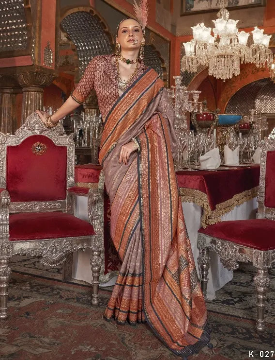 Brown Polyester Silk Ethnic Motif Pattern Zari Work Banarasi Saree