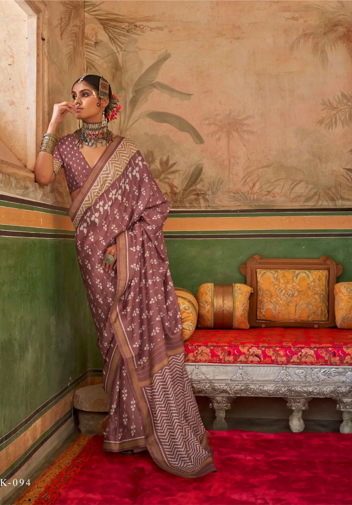 Mauve Silk Saree with Delicate White Floral and Geometric Patterns - Perfect for Festive Occasions