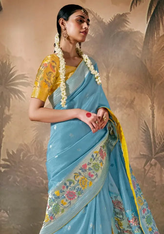 Sky Blue Silk Saree with Zari Floral Work for Party, Festival & Ceremonial Wear