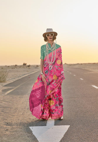 Magenta Pink Color Printed Handwoven Tusser Silk Saree