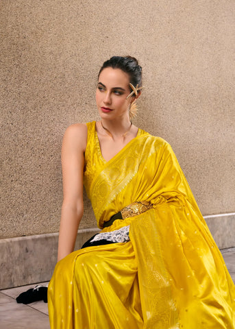 Yellow Satin Mungha Silk Saree with Intricate ethinic Motifs - Elegance Redefined