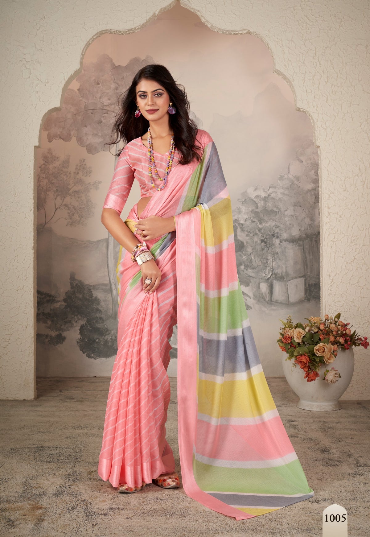 Soft Pink Chiffon Zari Saree with Vibrant Pastel Stripes – Elegant & Stylish