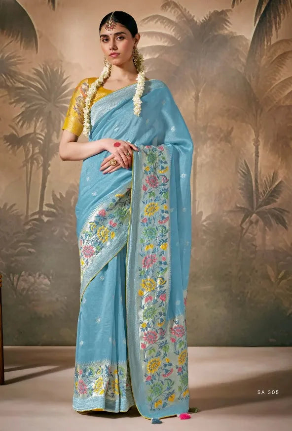 Sky Blue Silk Saree with Zari Floral Work for Party, Festival & Ceremonial Wear