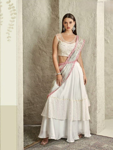 White Lehenga Saree with Sequin Embellishments and Designer Blouse – Ideal for Weddings and Festive Events