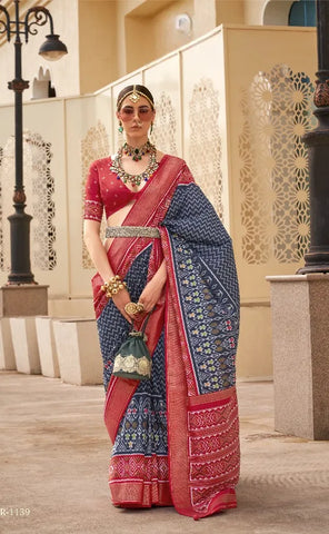 Navy Blue Polyester Viscose Silk Shagun Patola Saree