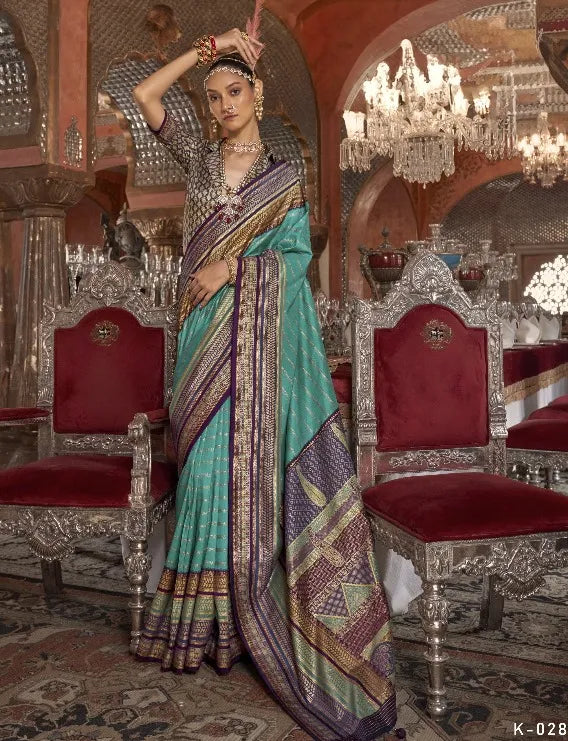 Teal Polyester Silk Ethnic Motif Pattern Zari Work Banarasi Saree