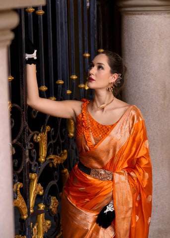 Orange Satin Mungha Silk Saree with Intricate ethinic Motifs - Elegance Redefined