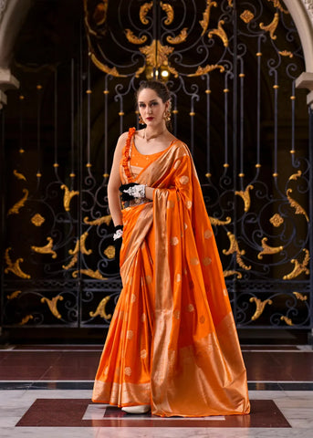 Orange Satin Mungha Silk Saree with Intricate ethinic Motifs - Elegance Redefined