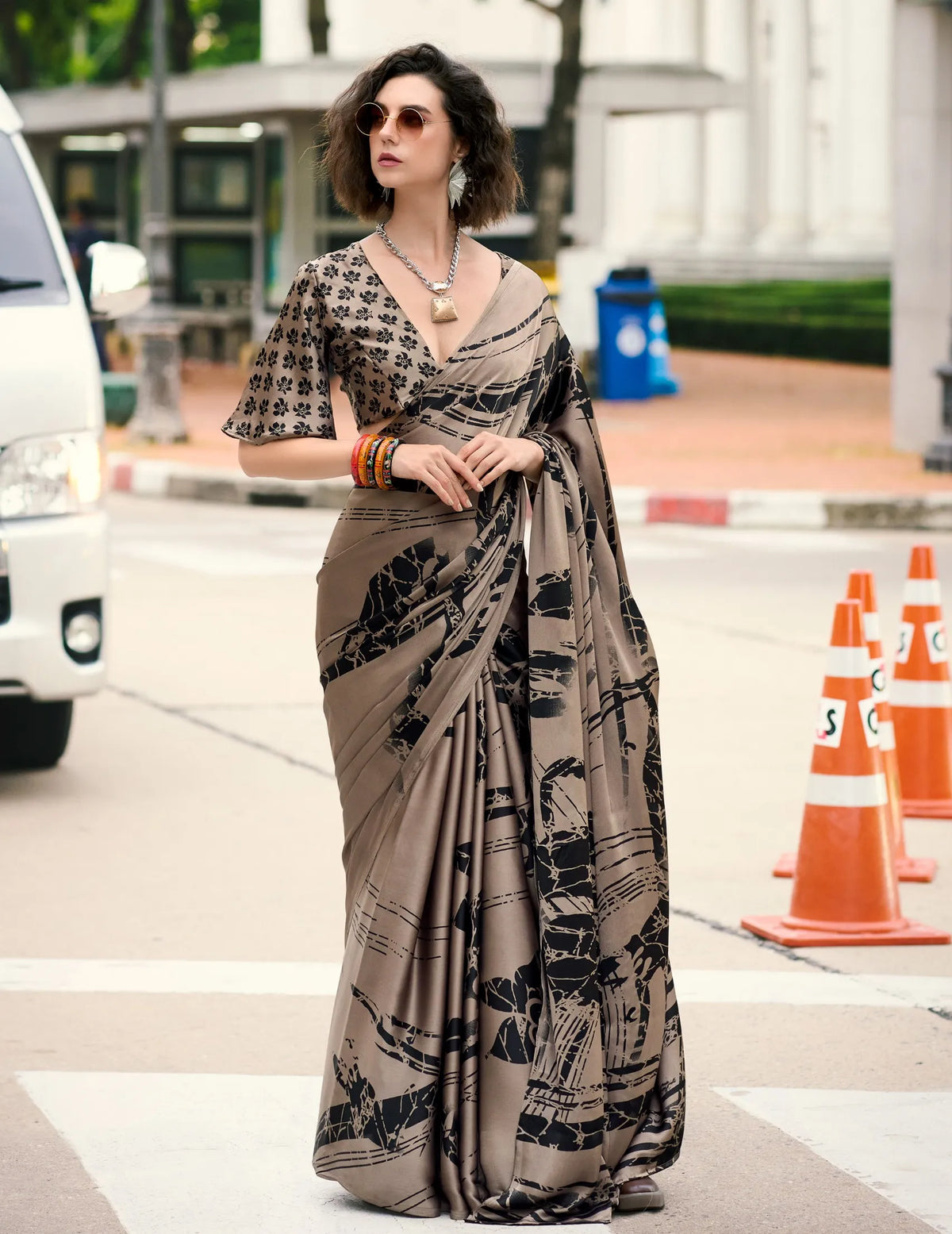 Chocolate color Japan Satin Digital Printed Saree