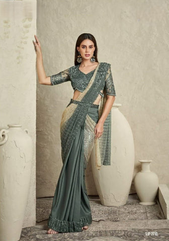 Green Sequin Embroidered Designer Saree with Cut-Out Blouse – Perfect for Weddings & Special Occasions