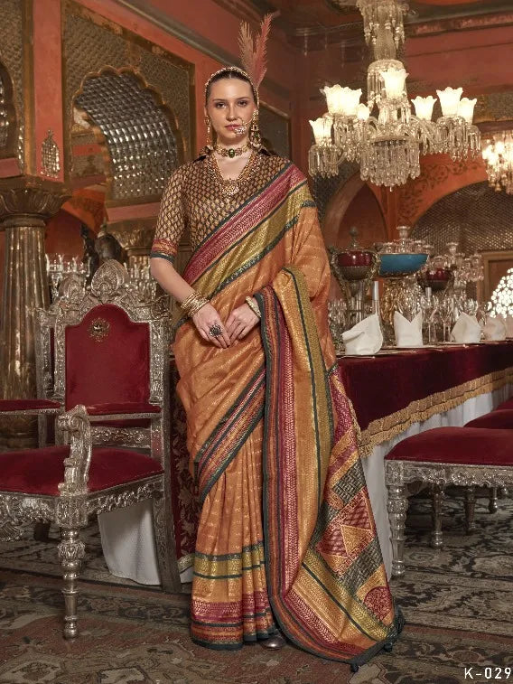 Golden Brown Polyester Silk Ethnic Motif Pattern Zari Work Banarasi Saree