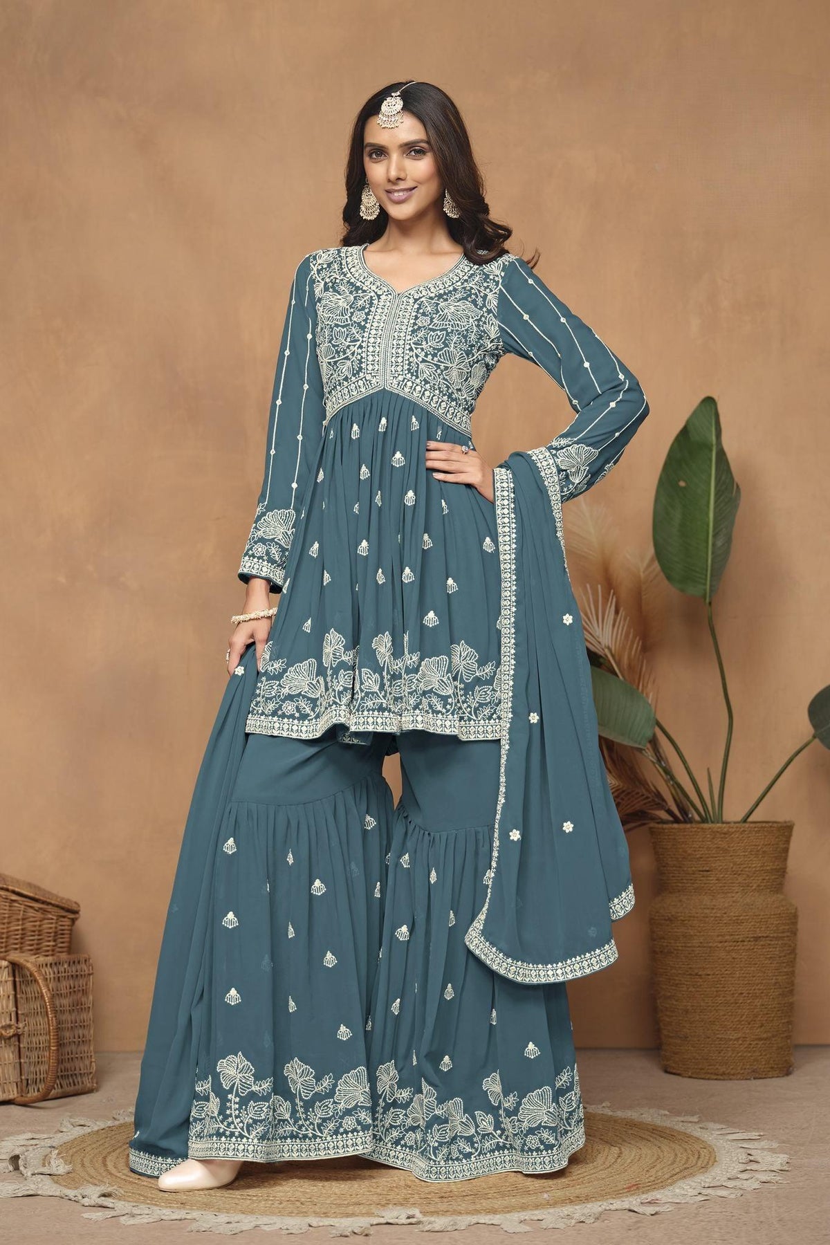 Teal green geogrette sharara suit