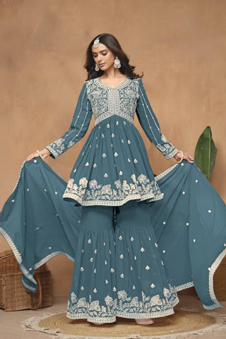 Teal green geogrette sharara suit