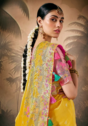 Mustard Silk Saree with Zari Floral Work for Party, Festival & Ceremonial Wear