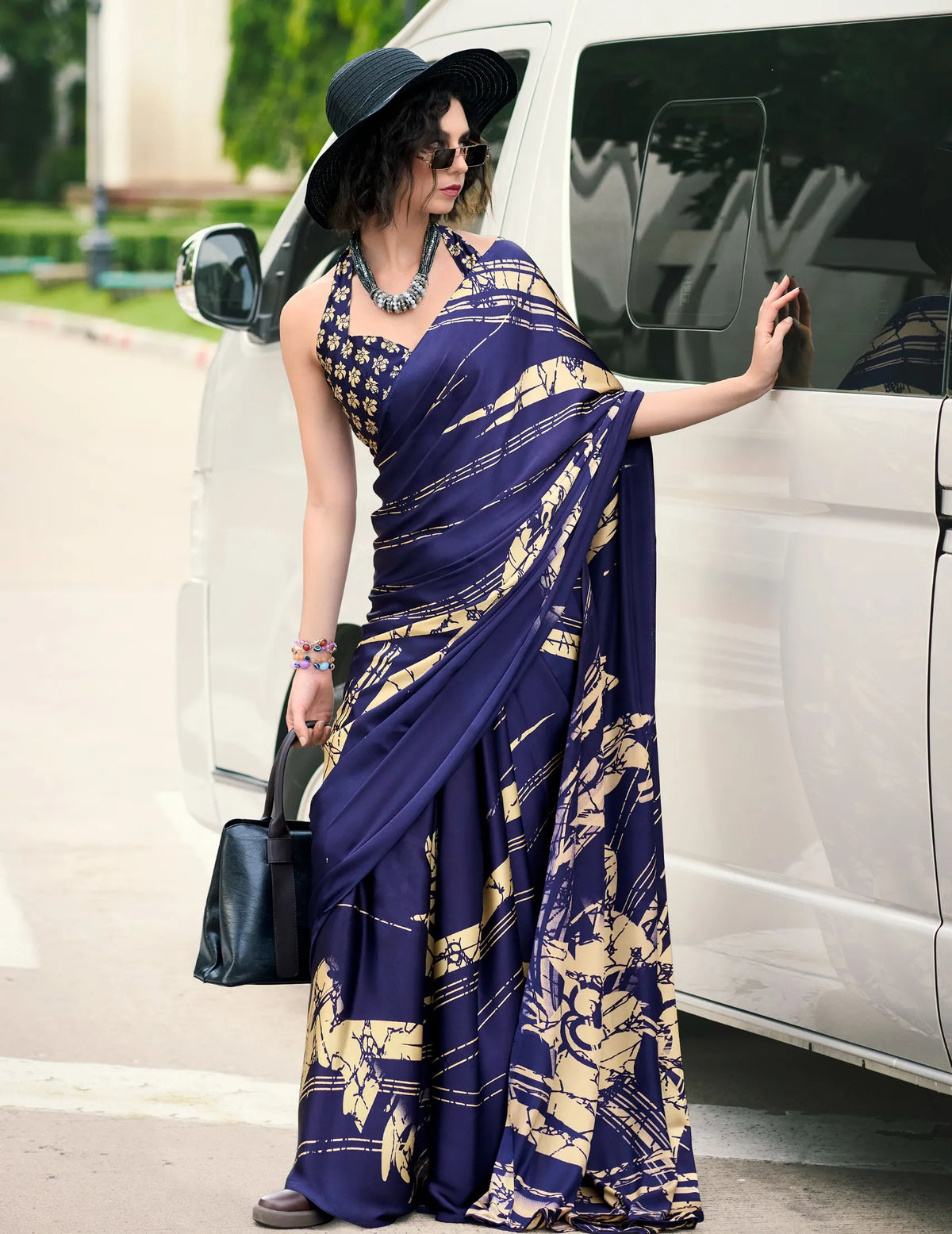 Blue color Japan Satin Digital Printed Saree