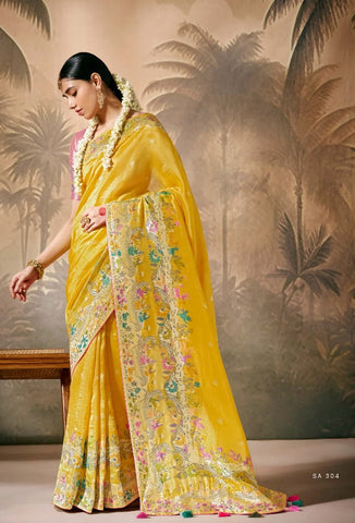 Mustard Silk Saree with Zari Floral Work for Party, Festival & Ceremonial Wear