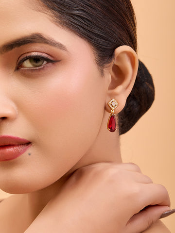 Gold-Plated Red Gemstone Drop Earrings – Elegant Square Design (Anti-Tarnish)
