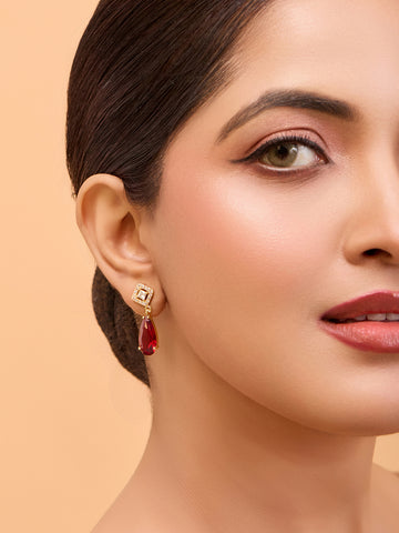 Gold-Plated Red Gemstone Drop Earrings – Elegant Square Design (Anti-Tarnish)