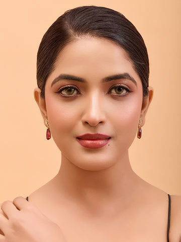 Gold-Plated Red Gemstone Drop Earrings – Elegant Square Design (Anti-Tarnish)