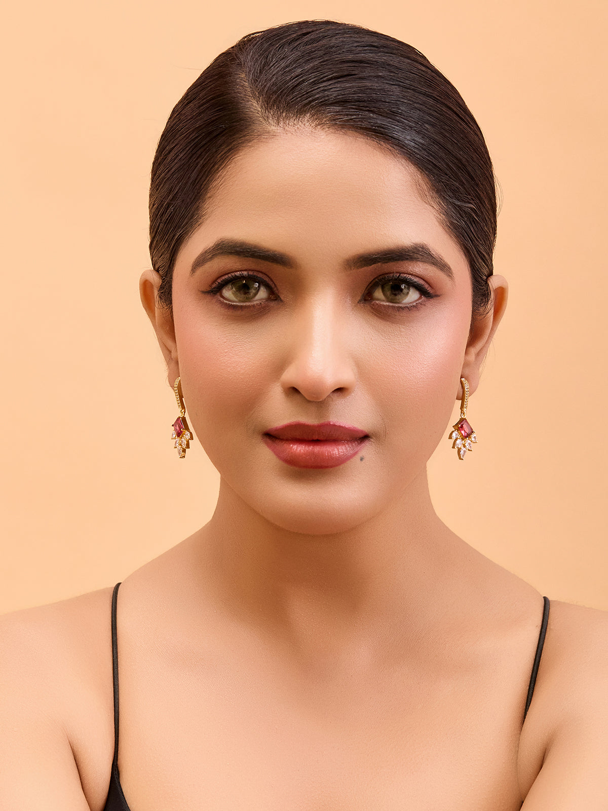 Gold-Plated Red & Clear Gemstone Drop Earrings – Elegant Floral Design (Anti-Tarnish)