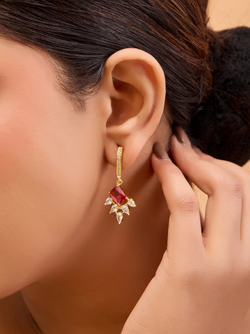 Gold-Plated Red & Clear Gemstone Drop Earrings – Elegant Floral Design (Anti-Tarnish)