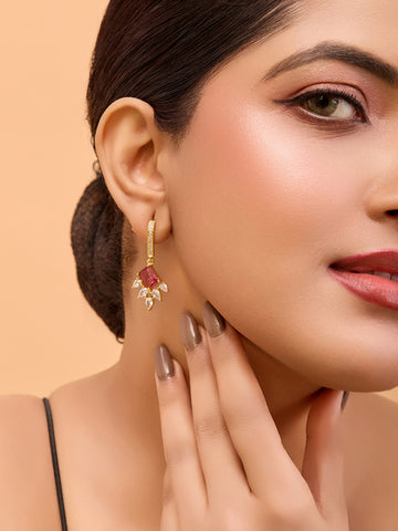 Gold-Plated Red & Clear Gemstone Drop Earrings – Elegant Floral Design (Anti-Tarnish)