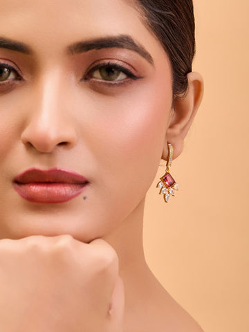 Gold-Plated Red & Clear Gemstone Drop Earrings – Elegant Floral Design (Anti-Tarnish)
