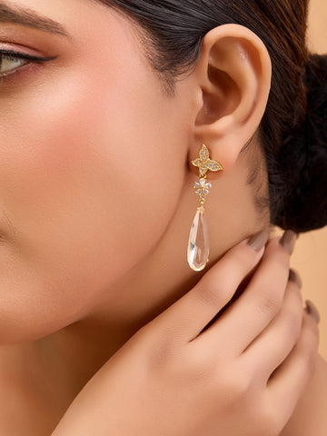Gold-Plated Teardrop Earrings with Floral Design – Crystal Accent (Anti-Tarnish)