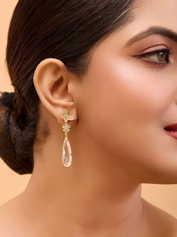 Gold-Plated Teardrop Earrings with Floral Design – Crystal Accent (Anti-Tarnish)