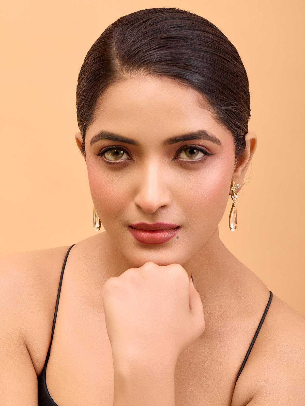 Gold-Plated Teardrop Earrings with Floral Design – Crystal Accent (Anti-Tarnish)