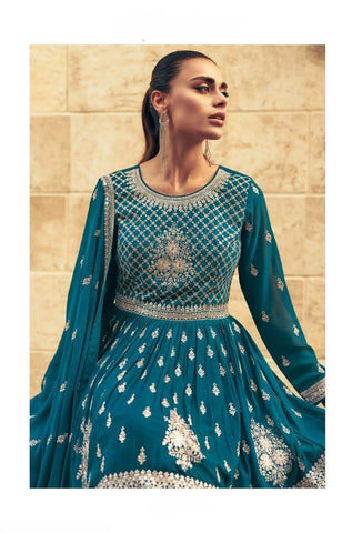 PEACOCK BLUE COLOR GEORGETTE EMBROIDERED GHARARA