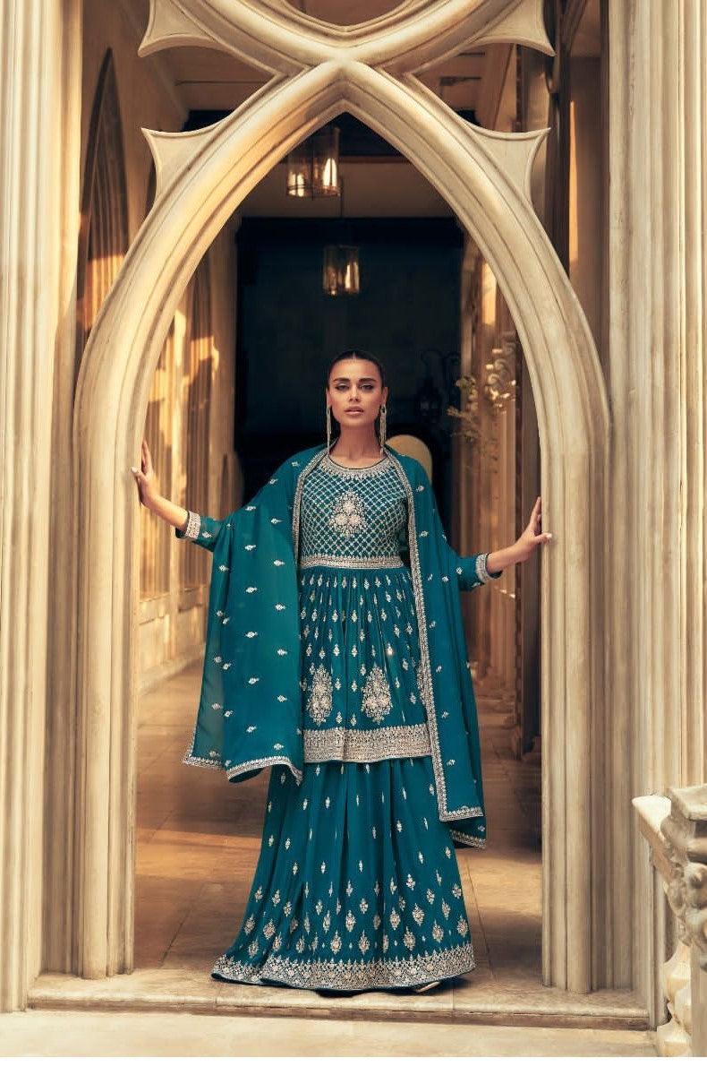 PEACOCK BLUE COLOR GEORGETTE EMBROIDERED GHARARA