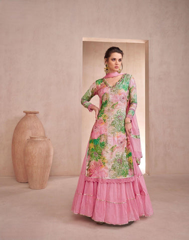 BABY PINK FLORAL PRINT PURE MULSLIN GHARARA