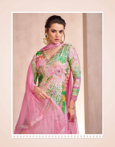 BABY PINK FLORAL PRINT PURE MULSLIN GHARARA